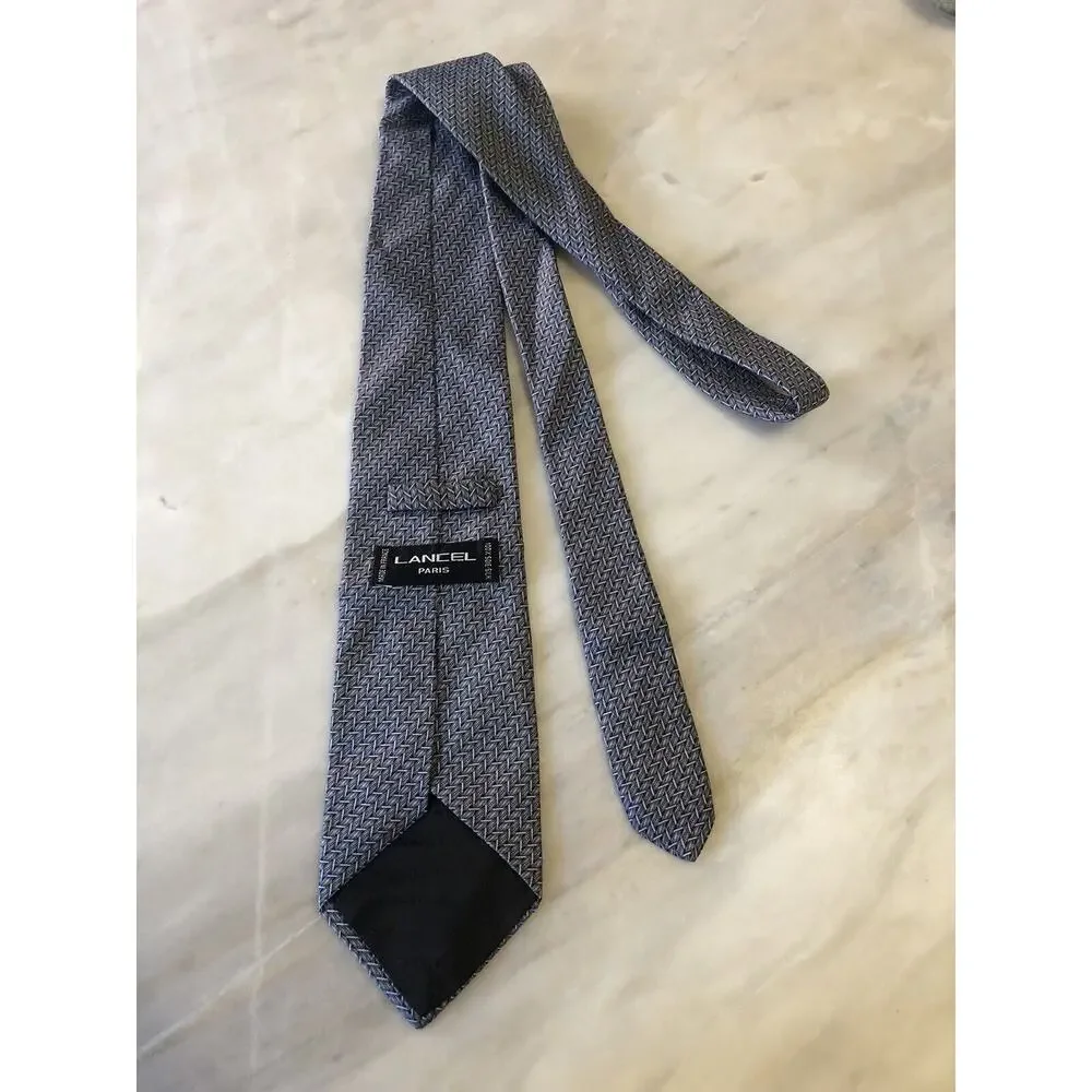 Lancel Neck Tie Mens Blue Solid Silk Bright Luxury Suit Herringbone Print